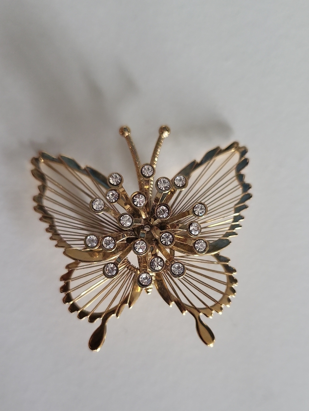 Vintage Gold Butterfly Brooch With Rhinestones, Art Deco Style